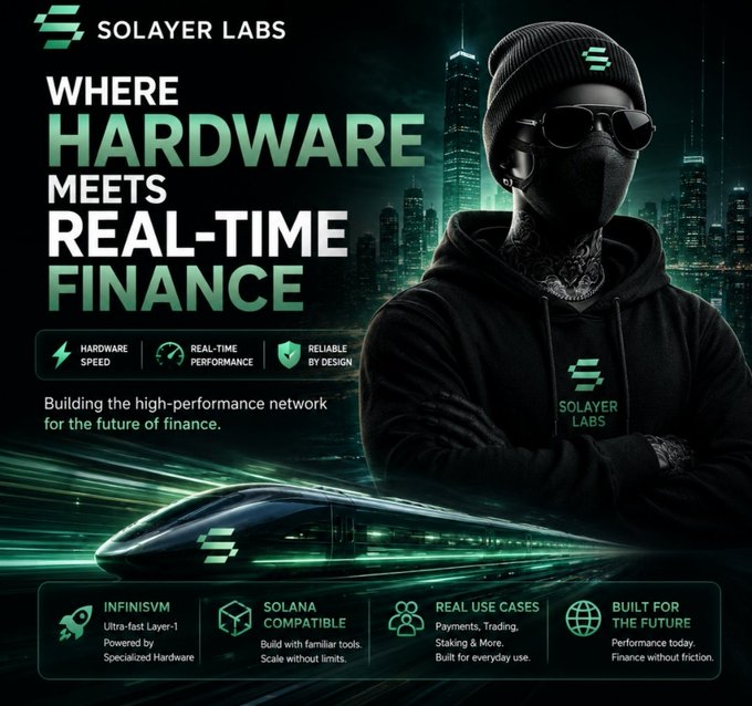 The image features an advertisement for Solayer Labs, which is a company specializing in blockchain technology. The main focus of the advertisement is their innovative approach to treating money like electricity, emphasizing its speed, reliability, and constant availability. They are engineering a system that leverages the power of blockchain technology to create a fast, secure, and efficient way to manage financial transactions. The image also includes text that reads "Where hardware meets real-time finance", highlighting the connection between hardware and the financial industry.