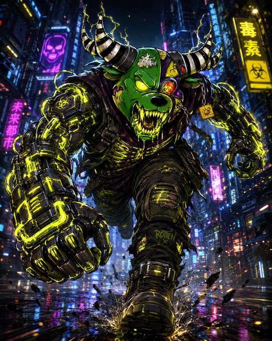 A menacing, glowing green, demonic horned creature with mechanical, oversized hands runs forward through a neon-lit, cyberpunk city street at night.