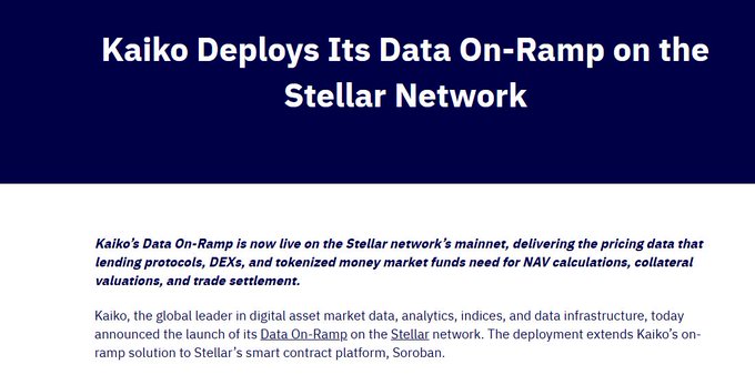 A news announcement titled "Kaiko Deploys Its Data On-Ramp on the Stellar Network."