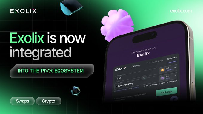 An advertisement graphic stating 'Exolix is now integrated INTO THE PIVX ECOSYSTEM' with tags for 'Swaps' and 'Crypto', featuring a mobile app interface.