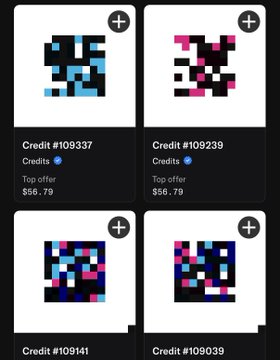 A marketplace interface displaying four pixelated 'credit' items for sale at $56.79 each, with credit IDs #109337, #109239, #109141, and #109039.