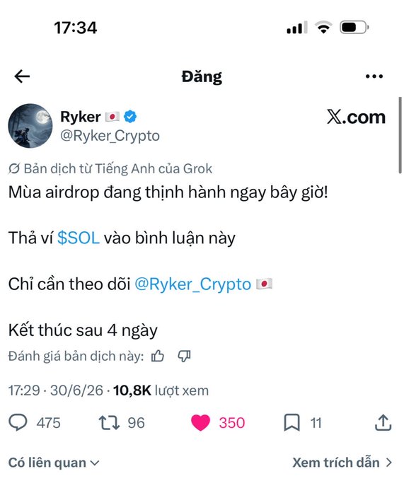 A Vietnamese-language Twitter/X post by Ryker (@Ryker_Crypto) translated by Grok promoting an airdrop, asking users to tip $SOL and follow the account, ending in 4 days, with 10.8K views.