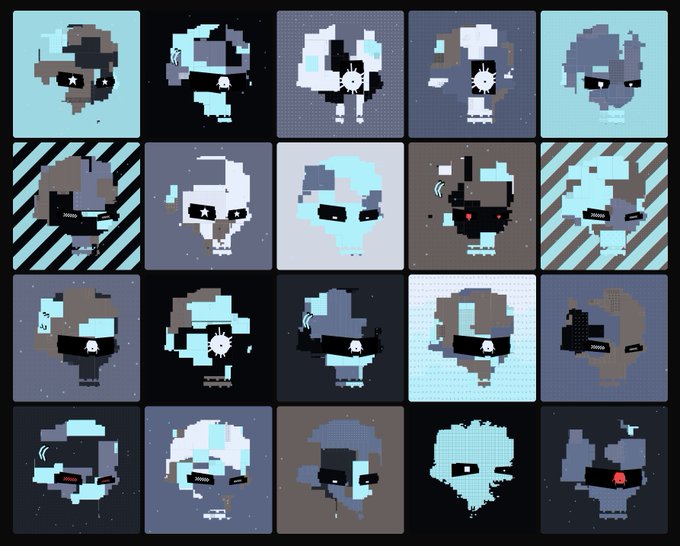 A grid of 20 pixel-art portraits depicts various stylized creatures and characters in muted blue, gray, and black tones, with several featuring star-shaped eye designs. The collection showcases the completed set of "traits" for a project called "Parasites Hope," with each square representing a distinct character variation in the series.