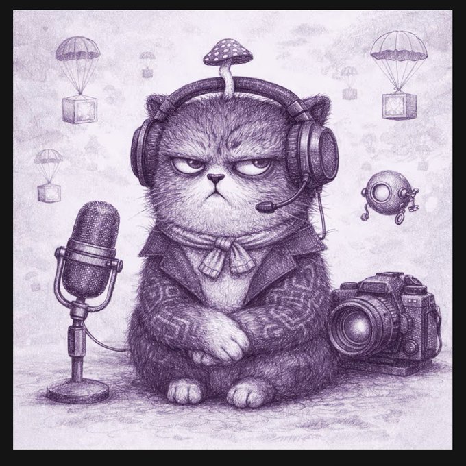 A purple-toned pencil illustration of a grumpy-looking cat wearing large headphones and a scarf, sitting next to a microphone and camera with parachuting gift boxes in the background.