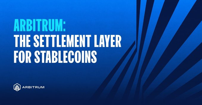 The image features a blue banner with white text that reads "Arbitrum: The Settlement Layer For Stablecoins". Below this, there are two lines of blue stripes arranged vertically, creating an interesting visual effect against the white background. The text also includes some numbers and mentions stablecoins, which could be interpreted as the value or type of coins being referred to in the image.