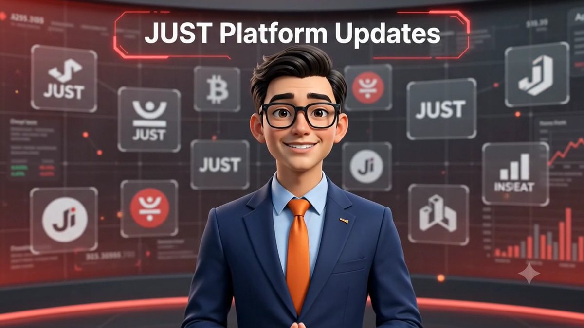 A stylized 3D animated character in a navy suit and orange tie stands before a futuristic digital display featuring the text "JUST Platform Updates" alongside floating "JUST" logos, Bitcoin (B) symbols, and data charts, visually introducing JustLend DAO's new development phase with MetaMask integration and rising TVL metrics for TRON users.