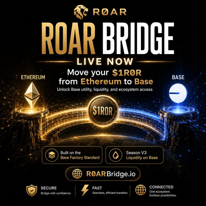 A promotional graphic advertises 'ROAR BRIDGE - LIVE NOW' to move $1ROR from Ethereum to Base, featuring logos for Ethereum and Base.