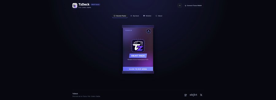The image shows the homepage of TzDeck, a Tezos-based NFT card game website (tzdeck.xyz) featuring a digital "OBJKT PACK" booster pack card with a "Click to flip open" prompt, set against a dark blue background with navigation links for Booster Packs, My Deck, Wishlist, and About. This visually represents the creator's project announcement about a WikipediaGacha-inspired platform that lets users battle using their objkt.com NFTs as cards.