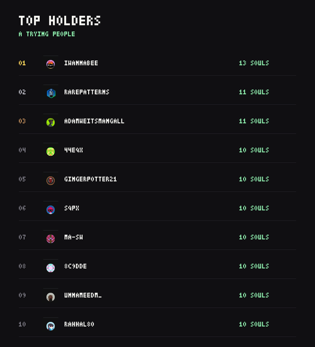 A leaderboard titled 'TOP HOLDERS' with subtitle 'A TRYING PEOPLE' listing usernames ranked 01-10 with soul counts, with IHAMMABEE in 1st place with 13 souls and other users tied at 10-11 souls.