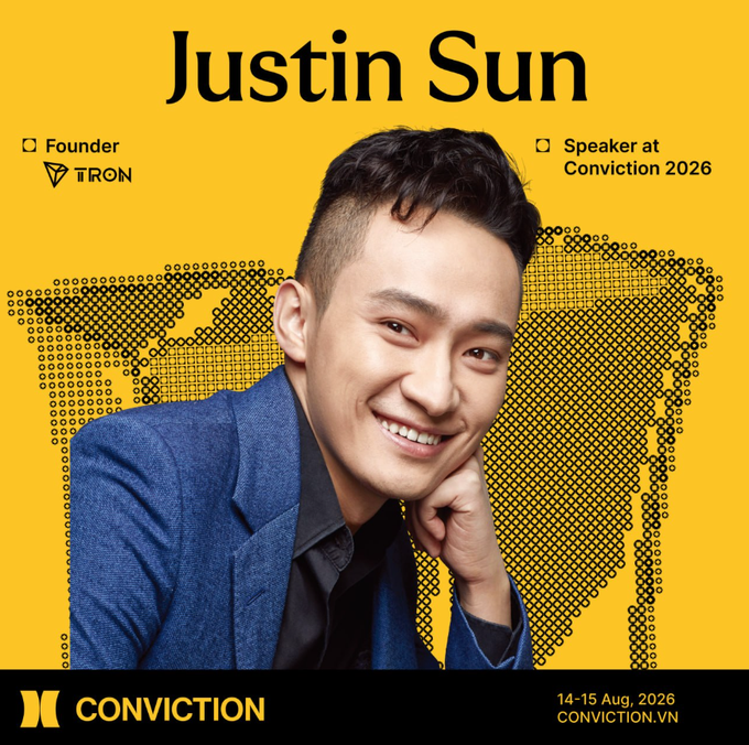The image is a promotional graphic for Conviction 2026 featuring Justin Sun, identified as the Founder of TRON and a Speaker at the event, with the dates "14-15 Aug, 2026" and website "CONVICTION.VN" displayed at the bottom against a vibrant yellow background.