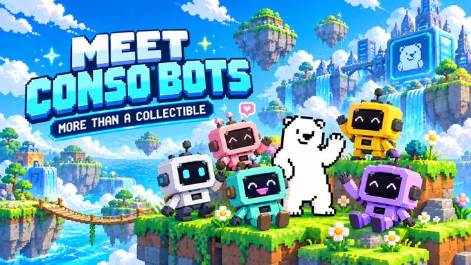 Promotional banner for 'MEET CONSO BOTS - MORE THAN A COLLECTIBLE' featuring various colorful robot figures and a white dog character in a vibrant pixel-art floating island landscape.