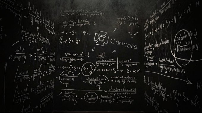 A blackboard covered in complex mathematical equations and diagrams, with the word "cancore" prominently displayed in the center, visually reinforcing the post's message that Cancore's cross-chain solution relies on cryptographic mathematics rather than trusted validators or intermediaries.