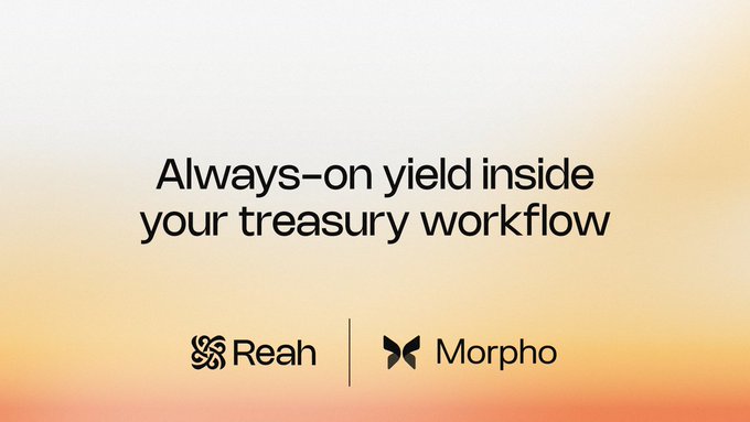 The image features a white background with black text that reads "Always-on yield inside your treasure flow". The text is written in a serif font, which gives it a formal appearance. Below this text, there are two logos - one for Reah bank and another for Morpho vault. These logos indicate the partnership between these two companies to provide financial services related to asset management and wealth creation.
