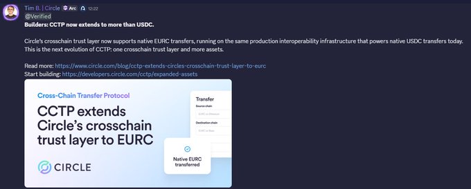 A Discord message from Tim B (@Tim) sharing a Circle blog announcement that 'CCTP extends Circle's crosschain trust layer to EURC,' now supporting native EURC transfers.