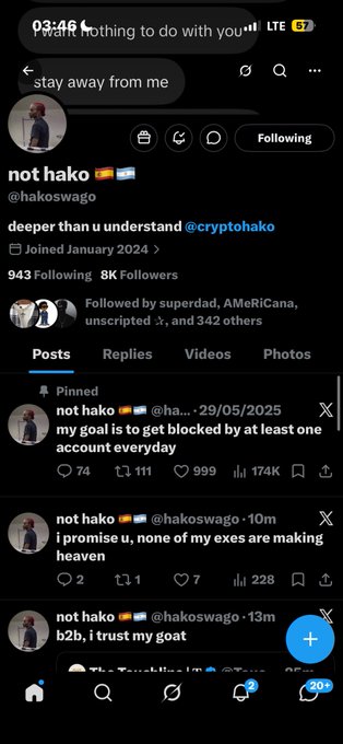 A screenshot of an X (formerly Twitter) profile for "not hako 🇵🇭🇵🇭" (@hakoswago) with 8K followers, displaying recent posts like "i promise u, none of my exes are making heaven" and "b2b, i trust my goat," along with a pinned post mentioning a goal to get blocked by at least one account everyday. The accompanying post celebrates "Biggest Hako, first win king" with a Solana wallet address, suggesting this screenshot serves as tribute or proof of Hako's prominence in the crypto community.