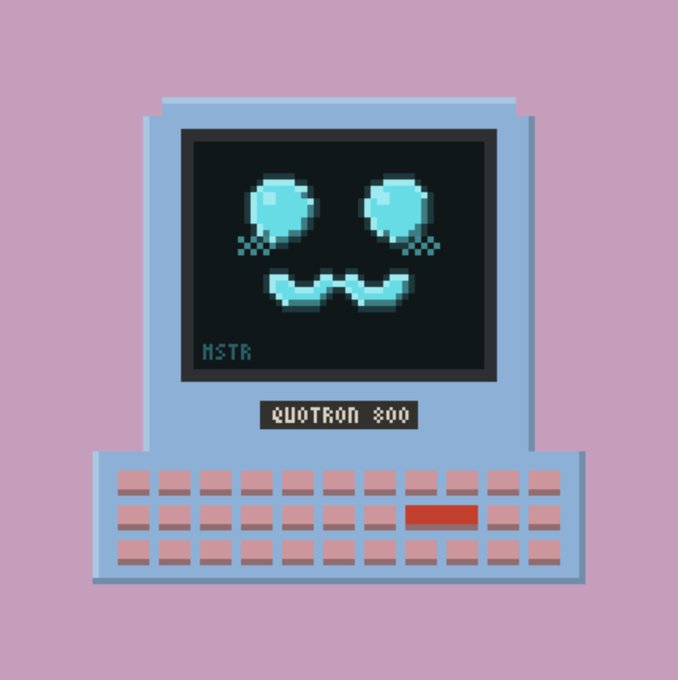 A pixel art illustration of a light blue Quotron 800 computer with a smiling face on the screen and the text 'MSTR' below it.