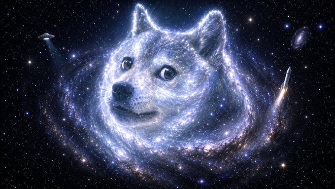A digital artwork of a Shiba Inu dog's face composed of a swirling blue galaxy, set against a starry space background with distant rockets or comets.