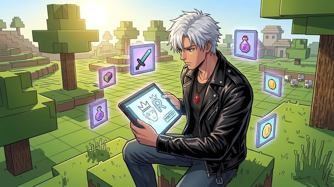 An anime-style illustration of a white-haired character in a black leather jacket holding a tablet labeled 'MR', surrounded by Minecraft-style blocks and floating item icons.