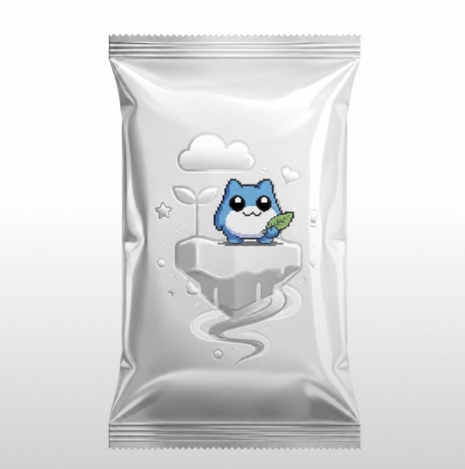 A silver sealed snack package featuring a pixel-art style illustration of a small blue creature holding a green leaf on a floating island.