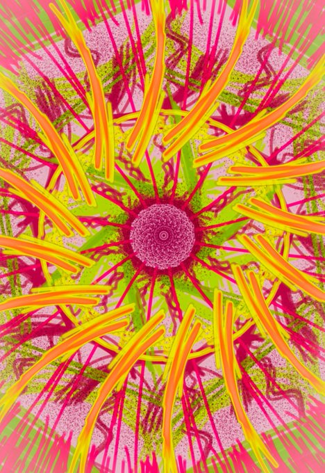A vibrant, high-contrast digital artwork displays a stylized flower with bright yellow and orange petals radiating from a central pink sphere against a hot pink background.