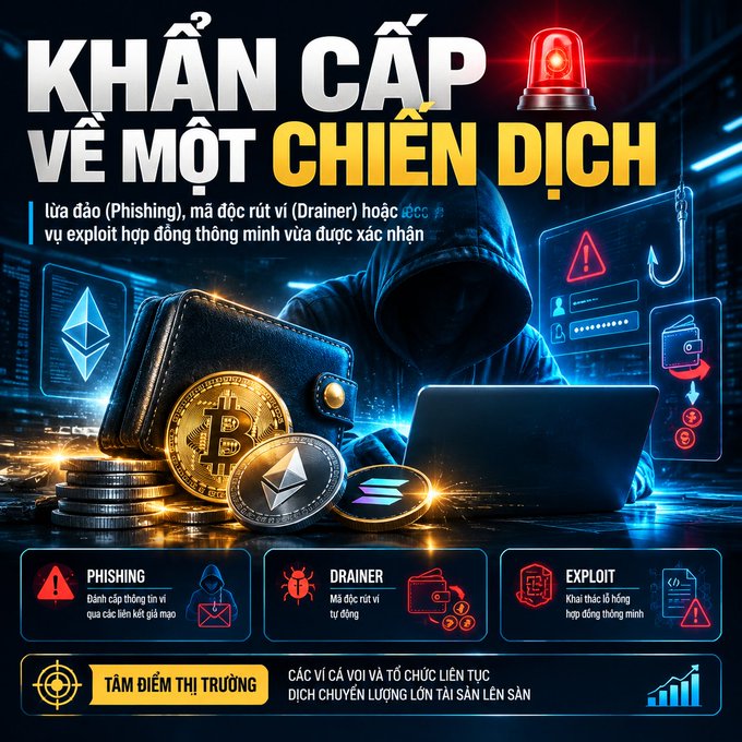 A Vietnamese-language cybersecurity warning poster titled 'KHẨN CẤP VỀ MỘT CHIẾN DỊCH' (URGENT ABOUT A CAMPAIGN) warning about phishing, drainer, and smart contract exploit scams targeting crypto wallets, featuring a hooded hacker with Bitcoin and Ethereum coins.