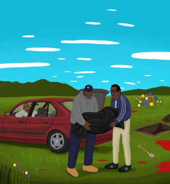 A cartoon-style illustration depicting two men near a red car in a grassy field, with one person inside the car and a bouquet of flowers and shovel on the ground.