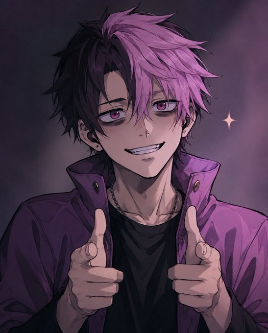 Anime-style portrait of a character with purple hair, pink eyes, and a purple jacket giving two thumbs up with a confident smile.