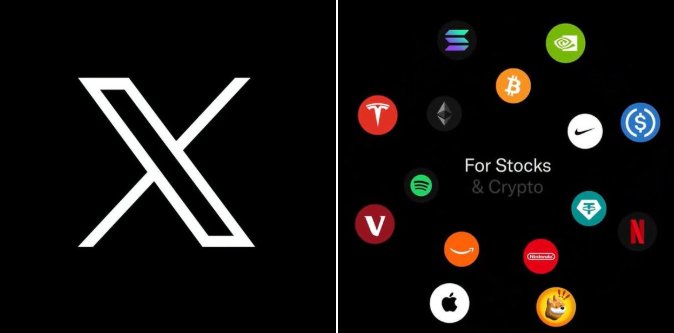 An X (formerly Twitter) promotional image showing the X logo on the left and various brand icons on the right with text 'For Stocks & Crypto' amid logos including Bitcoin, Tesla, Apple, Netflix, Nike, and others.