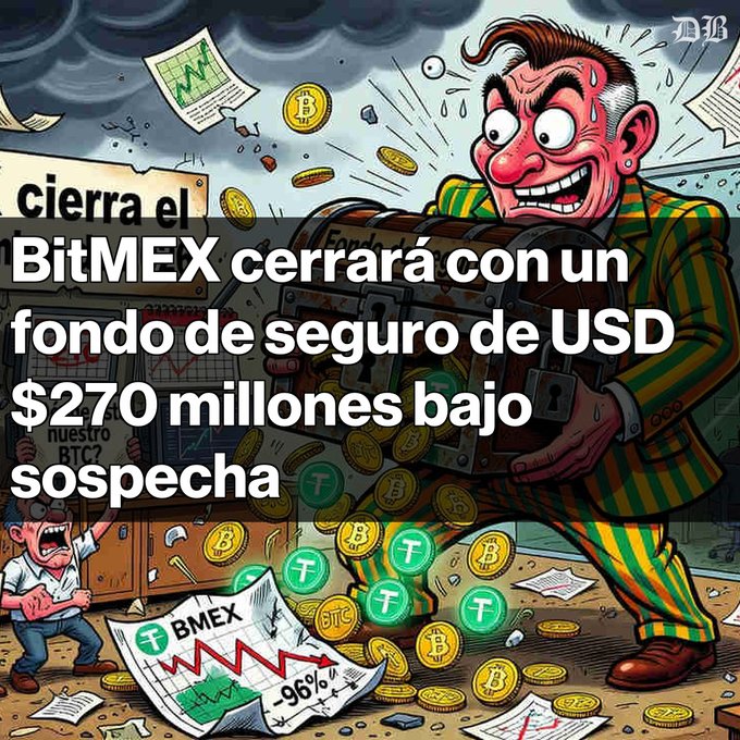 A cartoon image shows a sweat-drenched, wide-eyed man in a green suit clutching a treasure chest overflowing with Bitcoin, USDT, and Tether coins amid stormy skies and crashing charts, with Spanish text reading "cierra el" and "-96% BTC" visible. The illustration visualizes the BitMEX shutdown news, depicting the dramatic decline of its $270 million insurance fund, which has dropped 90% from its 2020 peak and now holds only 3,600 BTC and $31 million in USDT amid new lawsuits over alleged unfair liquidations.