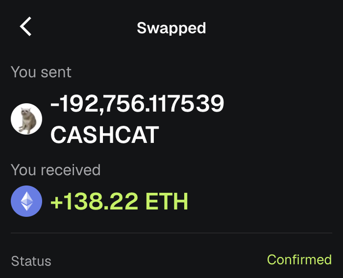 The image shows a cryptocurrency swap confirmation, with -192,756.117539 CASHCAT sent and +138.22 ETH received, status confirmed.

The image does not relate to the $SOL giveaway post; it depicts an unrelated token swap transaction.