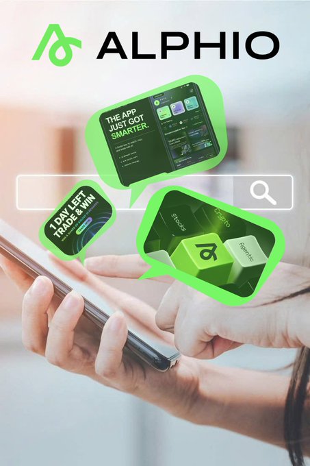 A hand holds a smartphone beneath the "ALPHIO" brand logo, surrounded by green speech bubble overlays featuring app screenshots with phrases like "THE APP JUST GOT SMARTER," "1 DAY LEFT TRADE & WIN," and 3D blocks displaying crypto pairs ($BTCUSD, $USDTUSD, $OpenUSD). The image visually reinforces the post's point about execution gaps in AI trading—showcasing Alphio's automated, app-driven trading interface as the "execution" step that bridges AI insights (like ChatGPT analysis) to actual crypto trades.