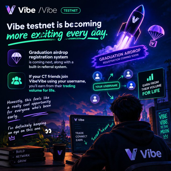A vibrant promotional poster for 'Vibe /Vibe TESTNET' announcing that the testnet is becoming 'more exciting every day,' highlighting a 'GRADUATION AIRDROP REGISTRATION COMING SOON' and a referral system to 'EARN FROM THEIR VOLUME FOR LIFE,' illustrated with a character at a laptop and a launching rocket.