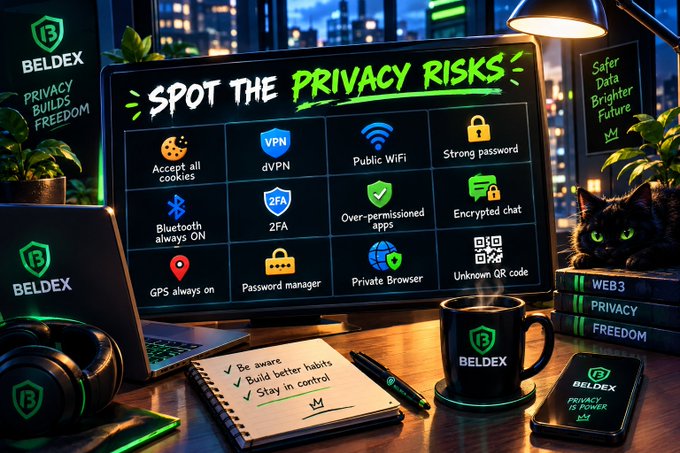 An infographic titled 'SPOT THE PRIVACY RISKS' displays various icons for risks like 'Public WiFi', 'Bluetooth always ON', and 'GPS always on', branded with 'BELDEX'.