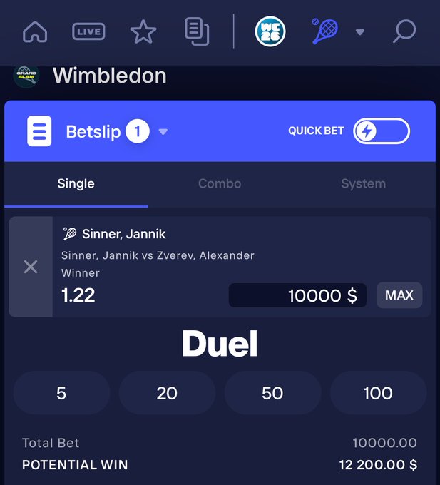 A mobile sports betting app interface for Wimbledon showing a wager of 10,000 $ on Jannik Sinner vs Alexander Zverev at 1.22 odds, with a potential win of 12,200.00 $.