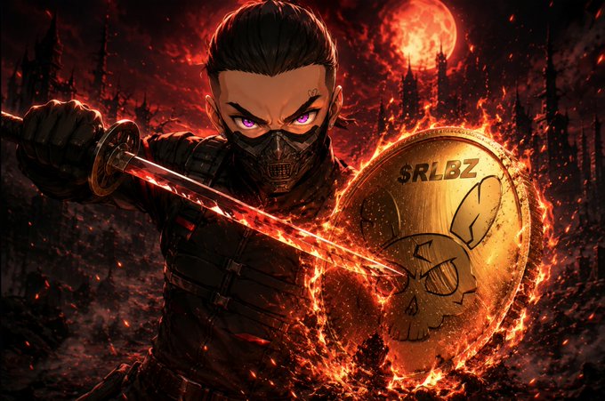 An anime-style illustration of a ninja warrior with glowing purple eyes, wielding a flaming sword and shield. The gold shield displays "SRLBZ" and a skull logo with bunny ears, set against a fiery battlefield with a red moon.
