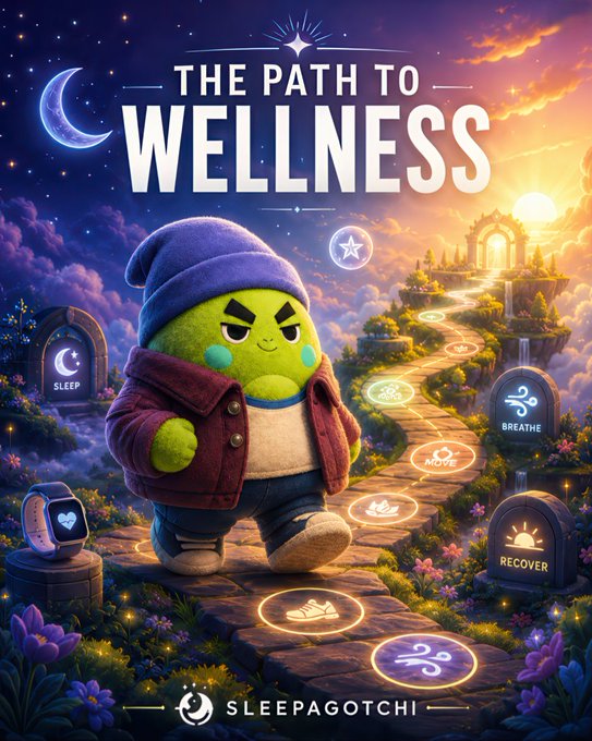 A determined green Sleepagotchi character in a beanie and jacket stands on a magical stone pathway leading toward a glowing wellness portal, with marked stops for "Sleep," "Breathe," "Meditate," and "Recover," under the headline "THE PATH TO WELLNESS" — visually reinforcing the message that wellness is a journey through multiple lifestyle layers rather than an instant result.