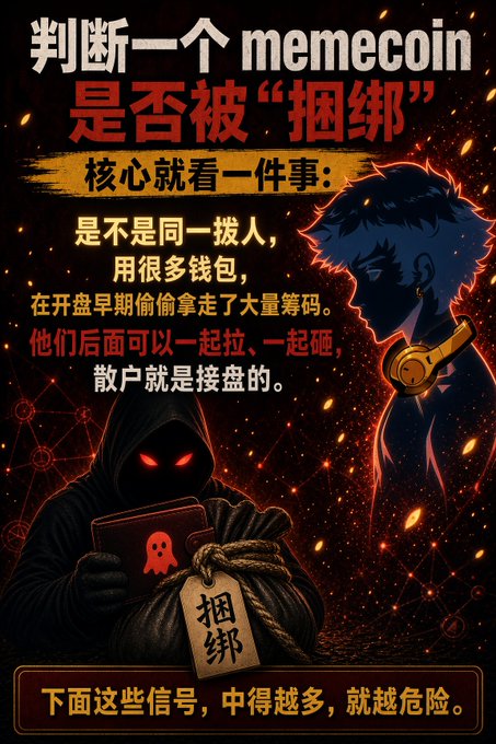 A Chinese-language infographic about cryptocurrency safety titled "判断一个memecoin是否被'捆绑'" (How to judge if a memecoin is 'bundled'), warning about early token acquisitions by coordinated groups.