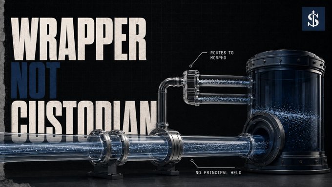 A dark, stylized 3D graphic with bold text 'WRAPPER NOT CUSTODIAN,' depicting industrial pipes and a tank, with small labels 'ROUTES TO MORPHO' and 'NO PRINCIPAL HELD.'