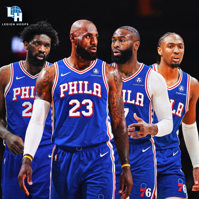 A composite sports graphic from Legion Hoops showing Philadelphia 76ers players including Joel Embiid (#23), James Harden, and Tyrese Maxey in their blue Philadelphia home jerseys.