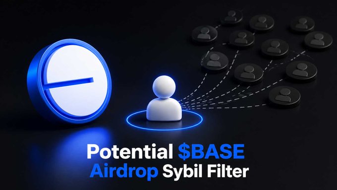 The image displays a stylized graphic featuring a large Base (BASE) logo, a single highlighted user figure, and multiple connected profile icons, with the text "Potential $BASE Airdrop Sybil Filter" at the bottom—visually representing how Base's new "Base Verify Onchain" tool works to distinguish real individual users from clusters of linked accounts to identify sybil activity ahead of a potential airdrop.