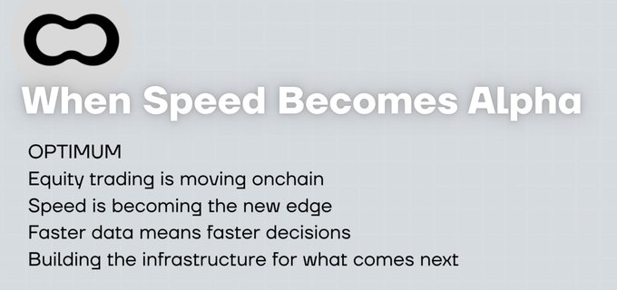 Title card reading 'When Speed Becomes Alpha' by OPTIMUM, with bullet points about equity trading moving onchain and speed becoming the new edge.