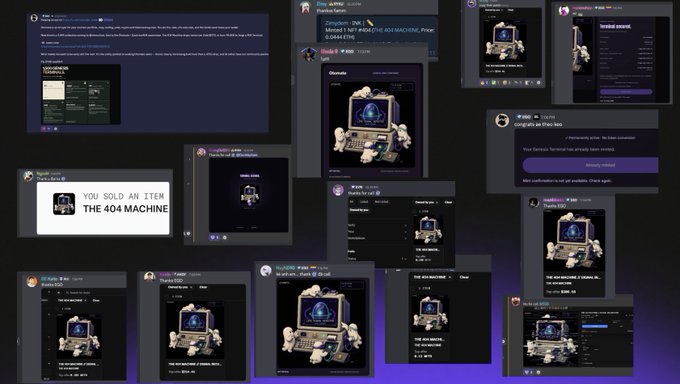 Collage of multiple social media screenshots showing the sale and promotion of a digital item called 'THE 404 MACHINE' across various Discord and Twitter posts.