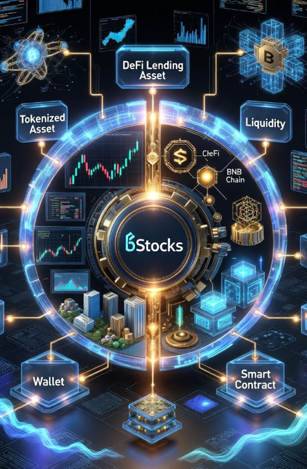 A futuristic digital infographic titled 'BStocks' displays interconnected blockchain concepts including DeFi Lending Asset, Tokenized Asset, Liquidity, Wallet, and Smart Contract, alongside references to CeFi and BNB Chain.