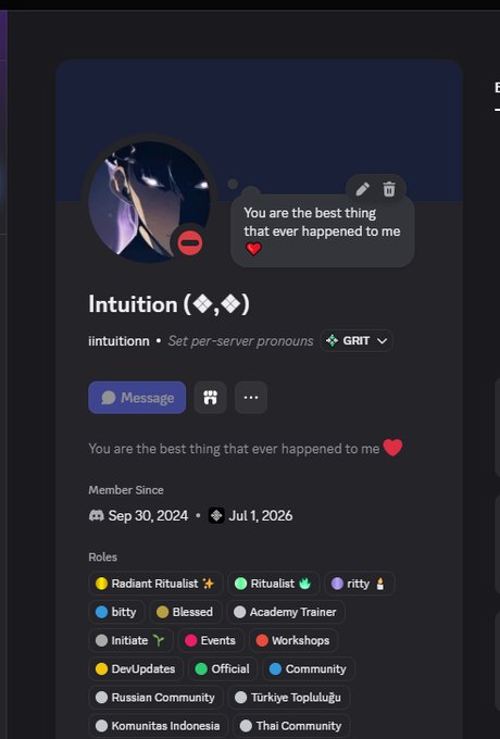 A Discord profile for user 'Intuition' with the display name '(◇,◇)' shows a status of 'You are the best thing that ever happened to me ❤️', member since Sep 30, 2024, with various roles including Radiant-Ritualist and Ritualist.