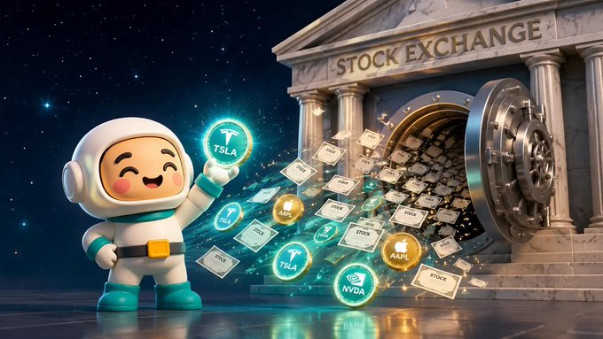 A 3D-rendered astronaut character holds glowing stock tokens labeled 'TSLA', 'NVDA', and 'AAPL' spilling from a vault marked 'STOCK EXCHANGE' against a starry sky.
