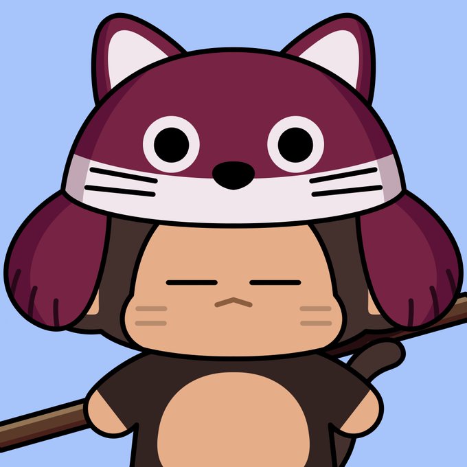A cute cartoon character wearing a maroon cat-eared hood with whiskers and big eyes, standing against a light blue background.