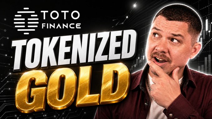 A YouTube-style thumbnail for 'TOTO FINANCE' featuring a man with a mustache looking thoughtful next to large gold text reading 'TOKENIZED GOLD'.