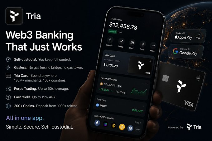 The image shows a person holding up their phone displaying a web page with information about web banking. The text on the screen reads "Web3 Banking that just works", indicating that the app is designed for easy use and seamless transactions. The user interface appears to be simple, focusing on the core functionality of managing finances without unnecessary complexities. This approach aligns with the idea that crypto payments should become simpler over time, allowing everyday users to benefit from the advantages of digital currency without the hassle of traditional banking systems.