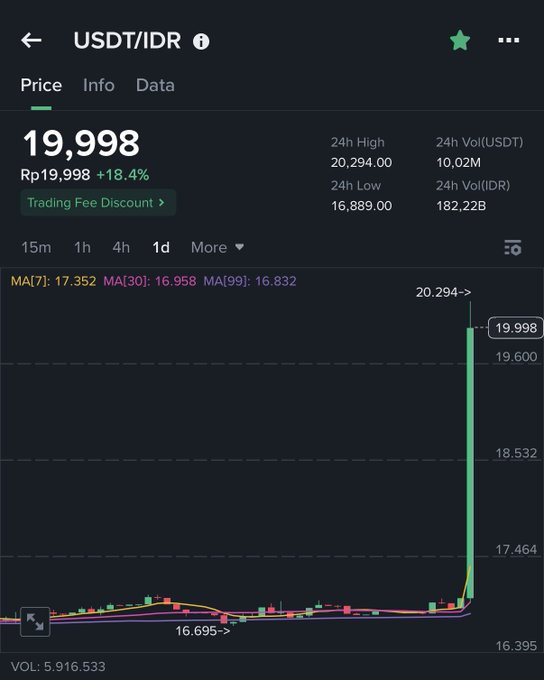 A trading chart showing USDT/IDR cryptocurrency price at 19,998 IDR, up 18.4%, with 24h high of 20,294.00 and 24h low of 16,889.00, displaying a dramatic price spike on the 1-day timeframe.