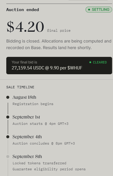 An auction result screen showing a final price of $4.20, with a final bid of 27,159.54 USDC at 9.90 per $WHUF, and a sale timeline listing registration, auction, and transfer dates.